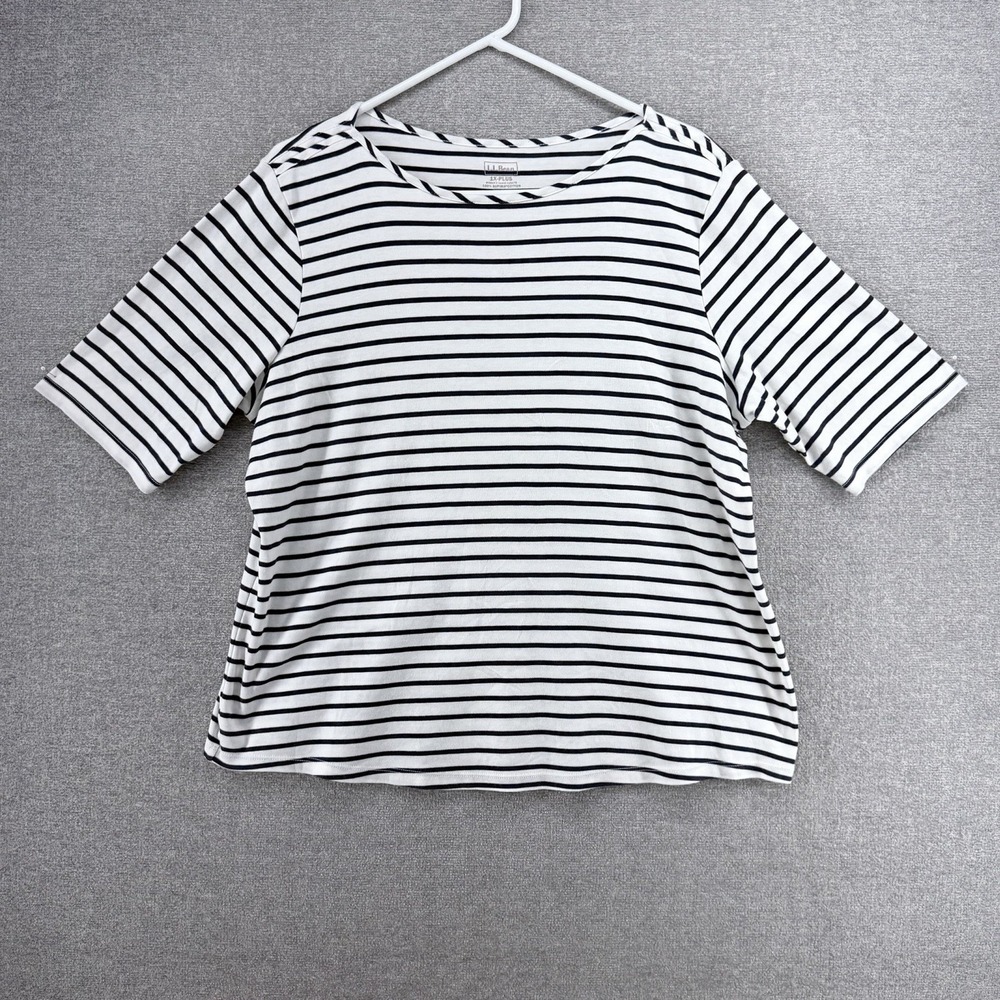 LL Bean Short Sleeve Shirt Women Size 1X Plus Black White Striped Supima Cotton